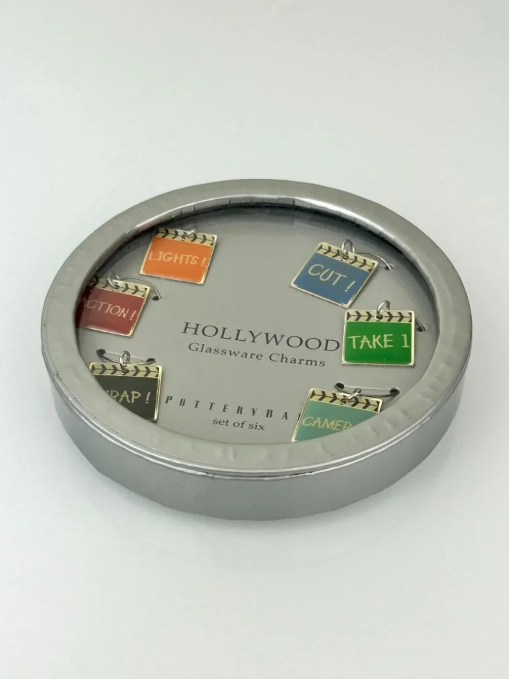 Pottery Barn Hollywood Glassware Stemware Charms Movie Cinema Theme Colorful NEW